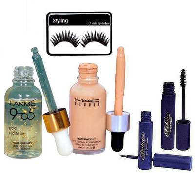 

styling Eyelashes And water weight Spf 30 foundation , 9 to 5 gold radiance face serum with Padma eyeliner & mascara(Set of 6)