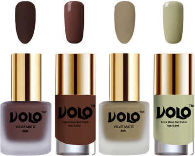 

Volo Extra Shine AND Dull Velvet Matte Nail Polish Duo Combo Chocolate Brown, Sand Nude, Chocolate Brown, Mischievous Mint(Pack of 4)