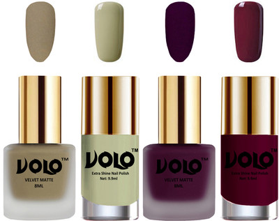 

Volo Extra Shine AND Dull Velvet Matte Nail Polish Duo Combo Sand Nude, Light Wine, Mischievous Mint, Wine(Pack of 4)