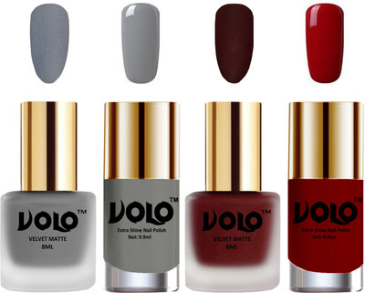 

Volo Extra Shine AND Dull Velvet Matte Nail Polish Duo Combo Grey, Maroon, Grey, Red(Pack of 4)