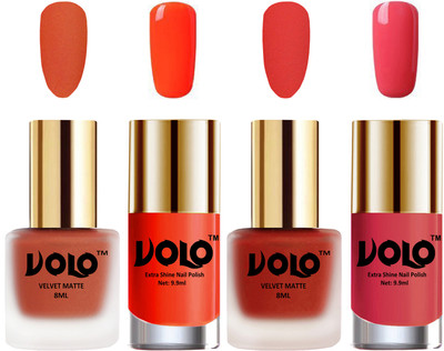 Volo Extra Shine AND Dull Velvet Matte Nail Polish Duo Combo-No-195 Coral, Orange, Light Pink(Pack of 4)