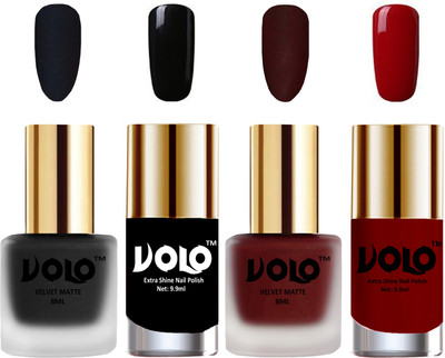 

Volo Extra Shine AND Dull Velvet Matte Nail Polish Duo Combo Black, Maroon, Black, Red(Pack of 4)