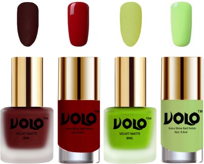 

Volo Extra Shine AND Dull Velvet Matte Nail Polish Duo Combo Maroon, Parrot Green, Red, Parrot Green(Pack of 4)