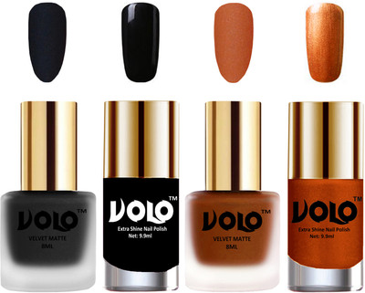 

Volo Extra Shine AND Dull Velvet Matte Nail Polish Duo Combo Black, Metallic Coral, Black, Red Gold(Pack of 4)