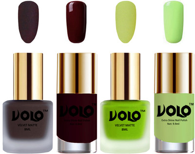 

Volo Extra Shine AND Dull Velvet Matte Nail Polish Duo Combo Dark Coffee, Parrot Green, Maroon, Parrot Green(Pack of 4)
