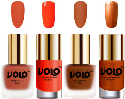 

Volo Extra Shine AND Dull Velvet Matte Nail Polish Duo Combo Orange, Metallic Coral, Coral, Red Gold(Pack of 4)