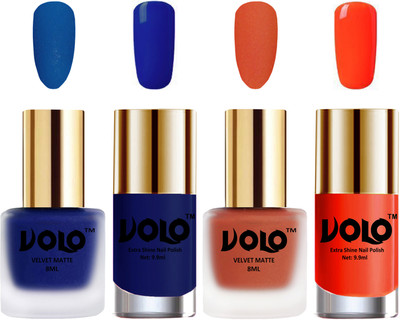 

Volo Extra Shine AND Dull Velvet Matte Nail Polish Duo Combo Blue, Orange, Royal Blue, Coral(Pack of 4)