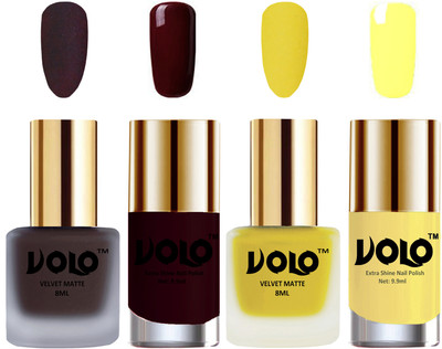 

Volo Extra Shine AND Dull Velvet Matte Nail Polish Duo Combo Dark Coffee, Yellow, Maroon, Yellow(Pack of 4)