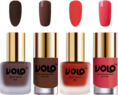 

Volo Extra Shine AND Dull Velvet Matte Nail Polish Duo Combo Chocolate Brown, Coral, Chocolate Brown, Light Pink(Pack of 4)