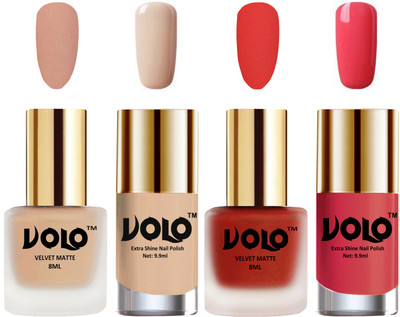 

Volo Extra Shine AND Dull Velvet Matte Nail Polish Duo Combo Light Peach, Coral, Nude, Light Pink(Pack of 4)