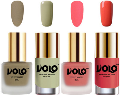 

Volo Extra Shine AND Dull Velvet Matte Nail Polish Duo Combo Sand Nude, Dark Peach, Mischievous Mint, Peach Crush(Pack of 4)