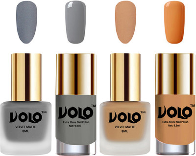 

Volo Extra Shine AND Dull Velvet Matte Nail Polish Duo Combo Grey, Skin Nude, Grey, Flirty Nude(Pack of 4)