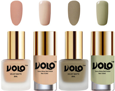 

Volo Extra Shine AND Dull Velvet Matte Nail Polish Duo Combo Sand Nude, Light Peach, Mischievous Mint, Nude(Pack of 4)