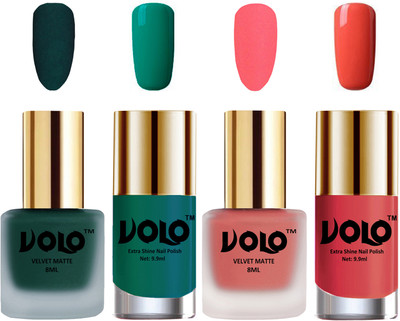 

Volo Extra Shine AND Dull Velvet Matte Nail Polish Duo Combo Dark Green, Dark Peach, Radium Green, Peach Crush(Pack of 4)