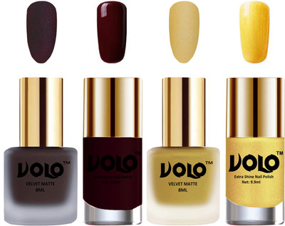 

Volo Extra Shine AND Dull Velvet Matte Nail Polish Duo Combo Dark Coffee, Metallic Golden, Maroon, Gold Chrome(Pack of 4)