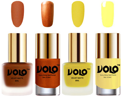 

Volo Extra Shine AND Dull Velvet Matte Nail Polish Duo Combo Metallic Coral, Yellow, Red Gold, Yellow(Pack of 4)