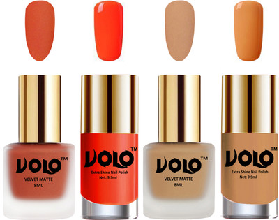 

Volo Extra Shine AND Dull Velvet Matte Nail Polish Duo Combo Orange, Skin Nude, Coral, Flirty Nude(Pack of 4)