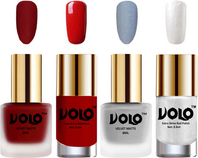 

Volo Extra Shine AND Dull Velvet Matte Nail Polish Duo Combo Tomato Red, Metallic Silver, Red, Metallic Silver(Pack of 4)