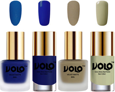 

Volo Extra Shine AND Dull Velvet Matte Nail Polish Duo Combo Blue, Sand Nude, Royal Blue, Mischievous Mint(Pack of 4)