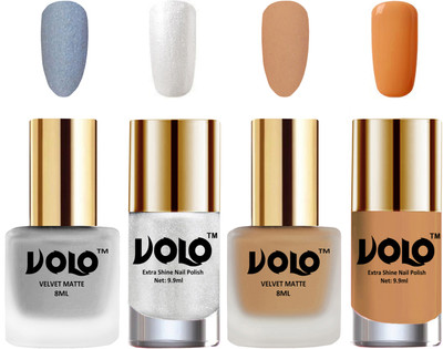 Volo Extra Shine AND Dull Velvet Matte Nail Polish Duo Combo Metallic Silver, Skin Nude, Metallic Silver, Flirty Nude(Pack of 4)