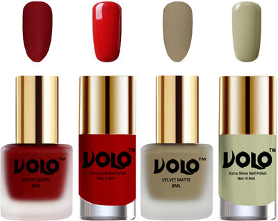 

Volo Extra Shine AND Dull Velvet Matte Nail Polish Duo Combo Tomato Red, Sand Nude, Red, Mischievous Mint(Pack of 4)