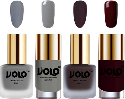 Volo Extra Shine AND Dull Velvet Matte Nail Polish Duo Combo-No-108 Dark Coffee, Maroon, Grey(Pack of 4)