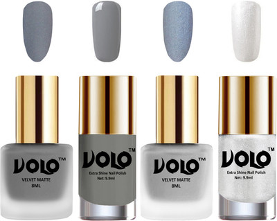 

Volo Extra Shine AND Dull Velvet Matte Nail Polish Duo Combo Grey, Metallic Silver, Grey, Metallic Silver(Pack of 4)