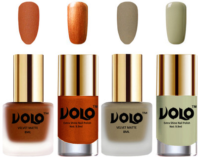 

Volo Extra Shine AND Dull Velvet Matte Nail Polish Duo Combo Metallic Coral, Sand Nude, Red Gold, Mischievous Mint(Pack of 4)