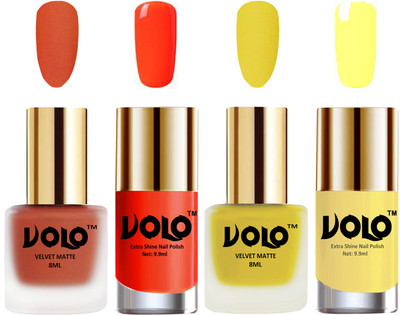

Volo Extra Shine AND Dull Velvet Matte Nail Polish Duo Combo Orange, Yellow, Coral, Yellow(Pack of 4)