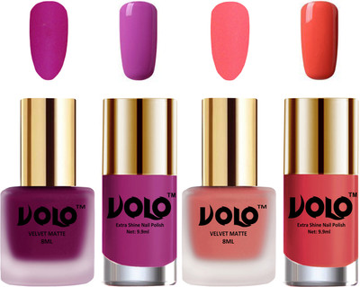 

Volo Extra Shine AND Dull Velvet Matte Nail Polish Duo Combo Magenta, Dark Peach, Bright Plum, Peach Crush(Pack of 4)