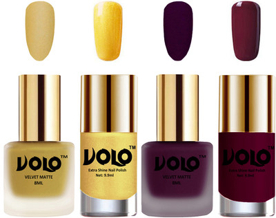 

Volo Extra Shine AND Dull Velvet Matte Nail Polish Duo Combo Metallic Golden, Light Wine, Gold Chrome, Wine(Pack of 4)