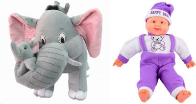 

Flower Engine Mother Elephant With 2 Babies Soft Toy - 38 Cm And Musical Happy Baby Boy Laughing(36 Cm) Combo - 38 cm(Pink)