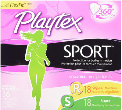 

Playtex Sport Tampons with Flex-Fit Technology, Regular and Super Multi-Pack, Unscented - 36 Count Tampons(Pack of 36)