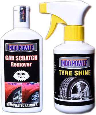 INDOPOWER TYRE SHINER GUN 250ml.+SCRATCH REMOVER 100gm. Liquid Vehicle Glass Cleaner(500 ml)