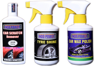 INDOPOWER SCRATCH REMOVER 100gm.+TYRE SHINER GUN 250ml.+CAR WAX POLISH GUN 250ml. Liquid Vehicle Glass Cleaner(600 ml)