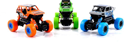 

Kidzfan 1:36 4WD Rally Cars Crawler Off Road Race Monster Truck & Car | Big Rubber Tires | 4x4 Pull Back | Metal Suspension | Pack Of 3(Multicolor)