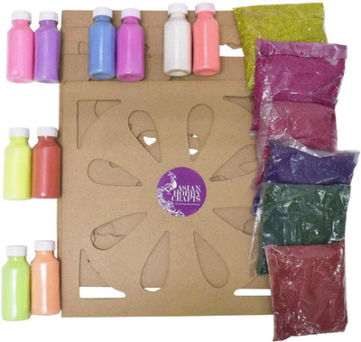 

AsianHobbyCrafts Rangoli Making Kit A :Card board rangoli stencils (12 x 12inch 5 Wooden dust colours (40gm each) : 10 Rangoli color powder 100g (Each)