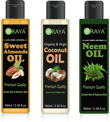 

ORAYA 100% Pure & Natural Sweet Almond Oil And Virgin Cocount Oil-And Neem Oil Hair Oil Skin Oil-300ml-COMBO-PACK OF-3-BOTTLE(300 ml)