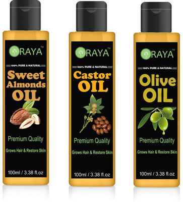 

ORAYA 100% Pure & Natural Sweet Almond Oil And Organic Castor Oil And Extra Light Olive Oil Hair Oil Skin OIL-300ML-COMBO-PACK-OF-3-BOTTLE(300 ml)