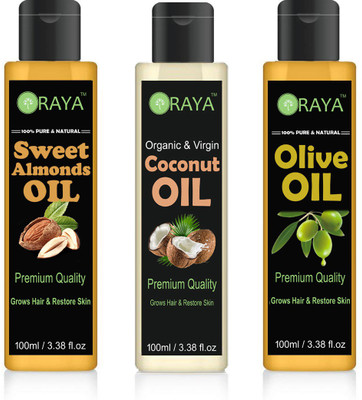 

ORAYA 100% Pure & Natural Sweet Almond Oil And Virgin Cocount Oil & Extra Light Olive Oil Hair Oil Skin oil-300ml-PACK OF-3-BOTTLE Hair Oil(300 ml)