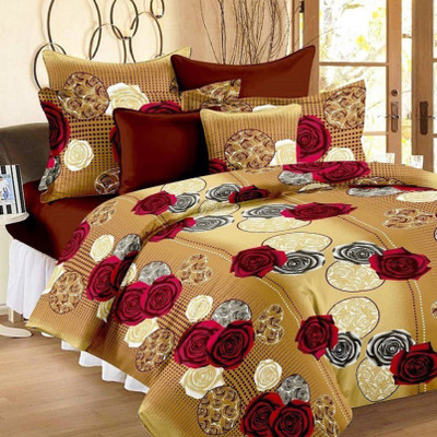 Home Garage Microfiber Double Flat 144 TC Floral Bedsheet(Pack of 1, Gold)