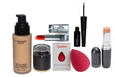 

caroline Sponge puff, Mac Studio WaterWeight Spf 30 Foundation, Liquid Last Eyeliner, Stick Concealer Studio Fix Fluid Spf 15& Lakme 9to5 Enrich Matte Lipstick(Set of 5)