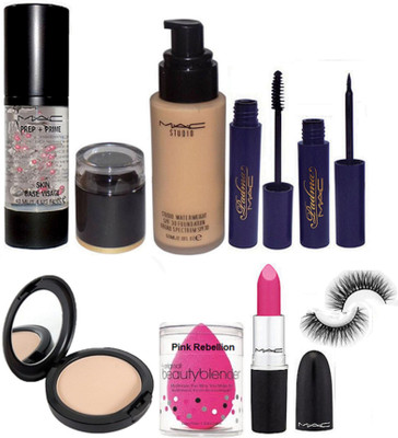 

Pink Rebellion & Mac Studiowaterweight Foundation & Studiofix Compact & Skin Base Visage Primer & Sponge Puff & Padma Eyeliner+Mascara & Eyelashes With Candy Yum Yum Lipstick(Set of 8)