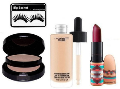 

big basket Eyelashes & Mac Waterweight Foundation,Powder Plus Foundation Studio Fix Pressed Powder Compact,Vibe Tribe Lipstick(Set of 4)