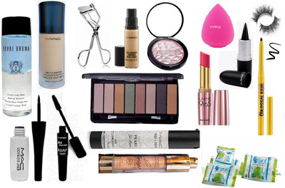 

styling sponge puff & mac 8 shade eye shadow palette , match master foundation , pro long wear concealer ,instant pro long wear remover , liquid eyeliner & 180 wrap mascara , prep+prime pearl radiance primer & highlighter , pink shade powder illu., intens