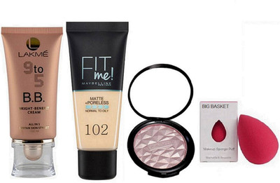 

big Basket sponge puff, Lakme 9to5 bright benefit cream,fit me matte+pore less foundation with beauty makeup illuminator (Set of 4)(Set of 4)