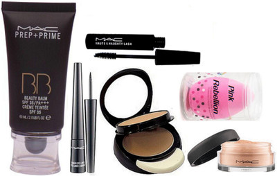 

Pink Rebellion Sponge Puff & Mac Prep+Prime BB Beauty Balm Foundation & Two Way Compact & Liquid Last EyeLiner+Mascara With Loose Powder(Set of 6)
