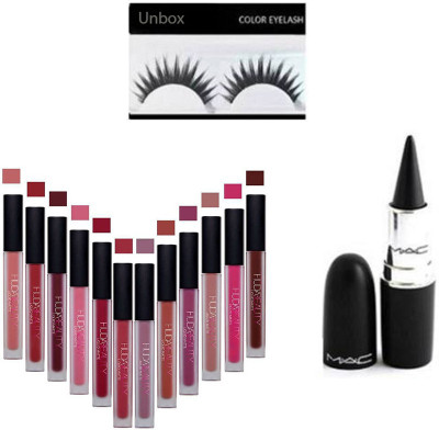 

unbox combo set of huda beauty lipstick eyelashes kajal(Set of 14)