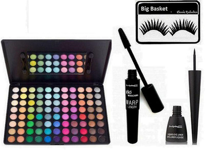 

big basket Eyelashes & Mac 88 Colour Multi Shade Eyeshadow Palette & New Waterproof Eyeliner & 180 Warp Length upward lash Volume Mascara(Set of 4)