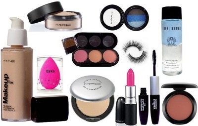 

eska Sponge Puff, Mac Makeup Pro Longwear Foundation Spf 10,Studio Prefect Compact,Candy Yum-yum Lipstick, 3 Shade Blusher,Loose Powder, 3 Color Shade Eyeshadow & Colocbar 2 in 1 Eyeliner+Mascara,Eyelashes & Bobbi Brown Insta Liquid Makeup Remover(Set of 